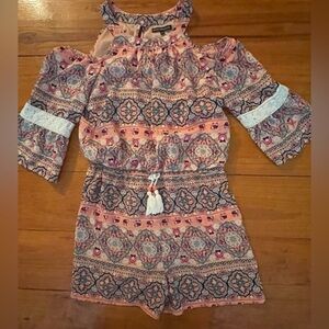 Large  My Michelle Girls pink blue floral print cold shoulder jumpsuit romper